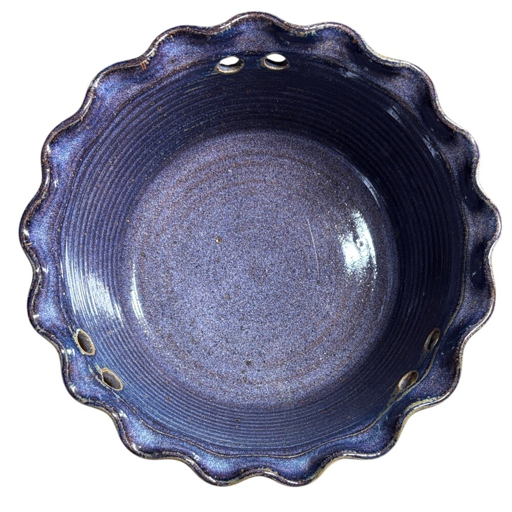 Vintage Studio Art Pottery Colander Strainer Berry Bowl Purple Blue Signed‎ NICE